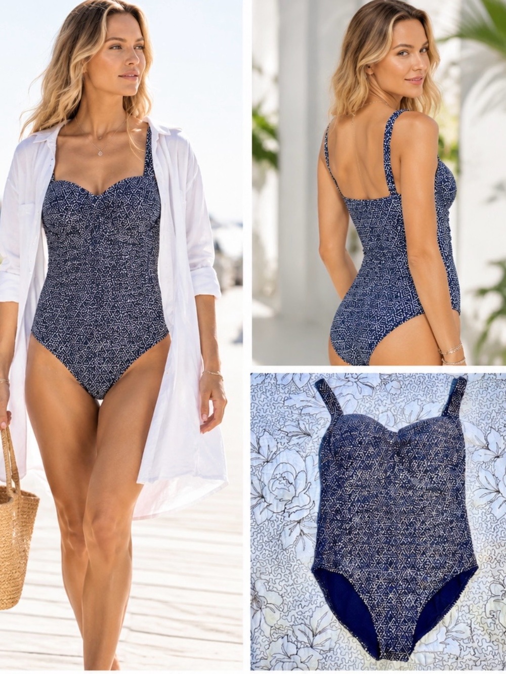 BOND EYE Australia Sweetheart Textured One Piece Swimsuit Navy Slimming Sz 6🧡